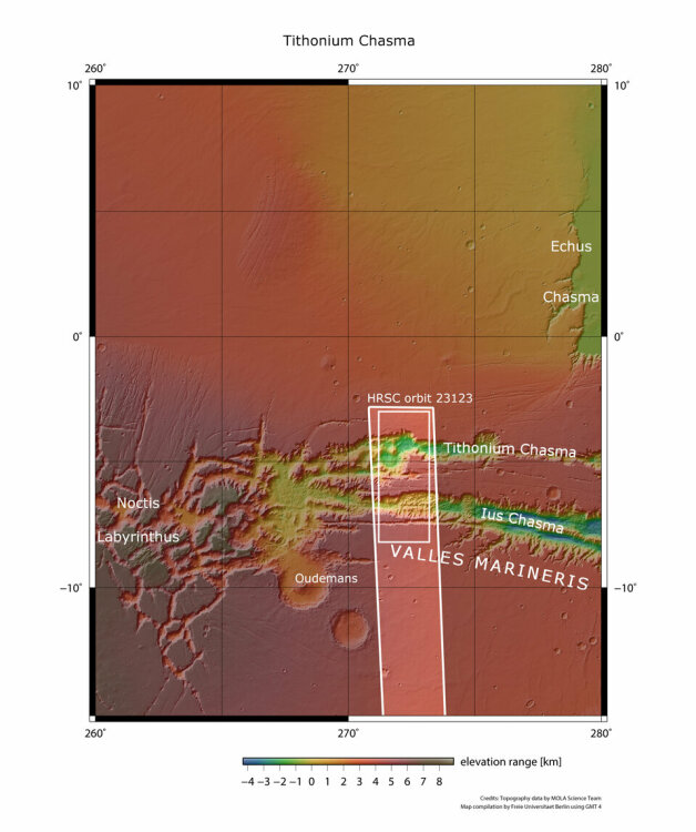 une carte montrant les profondeurs de Valles Marineris