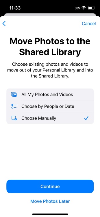 Capture d'écran iPhone des options de déplacement de photos vers la bibliothèque partagée