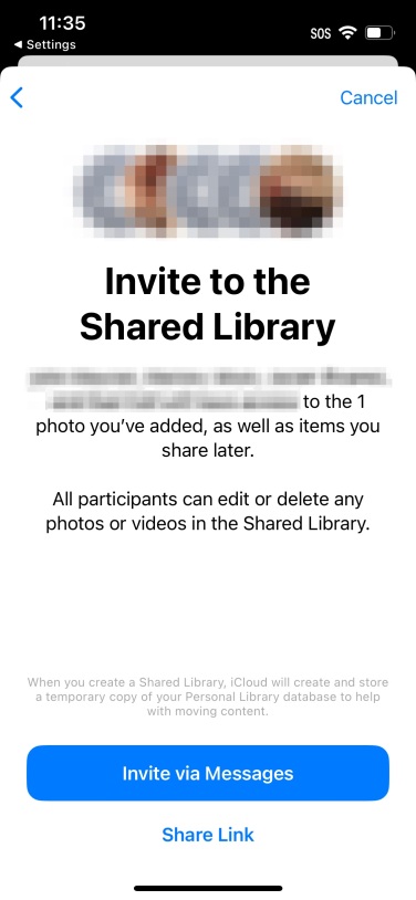 Capture d'écran iPhone de l'envoi d'une invitation à la bibliothèque partagée