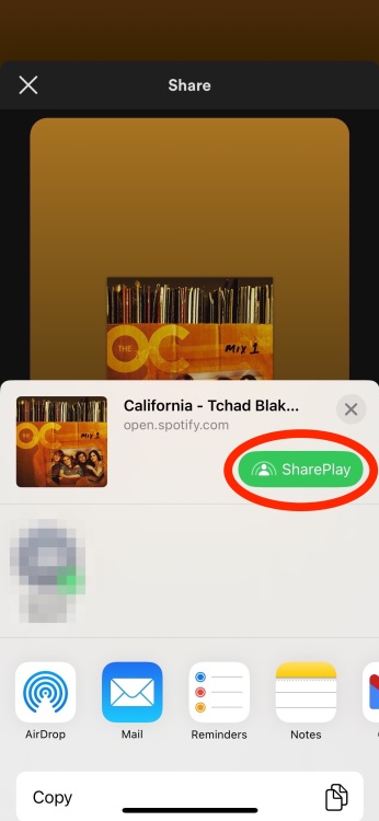 Capture d'écran de l'écran Spotify montrant les options SharePlay