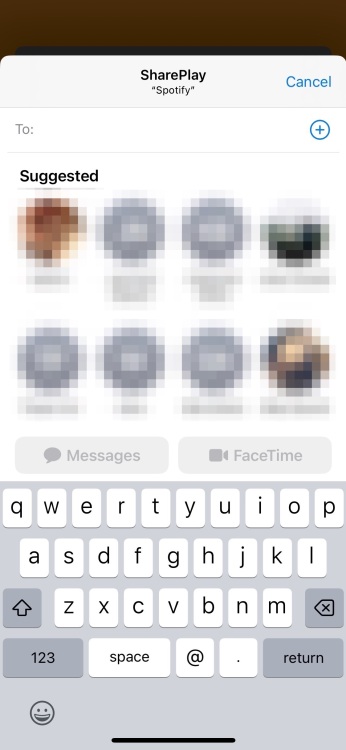 Capture d'écran de l'écran SharePlay invitant l'utilisateur à saisir un contact