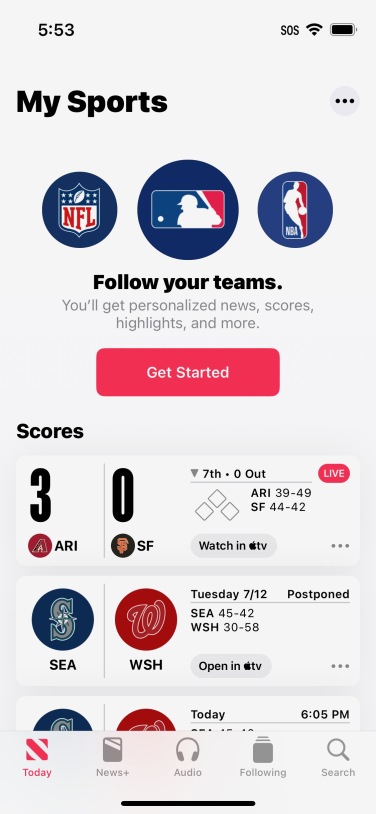 Capture d'écran de la section Mes sports dans Apple News avec un bouton pour commencer