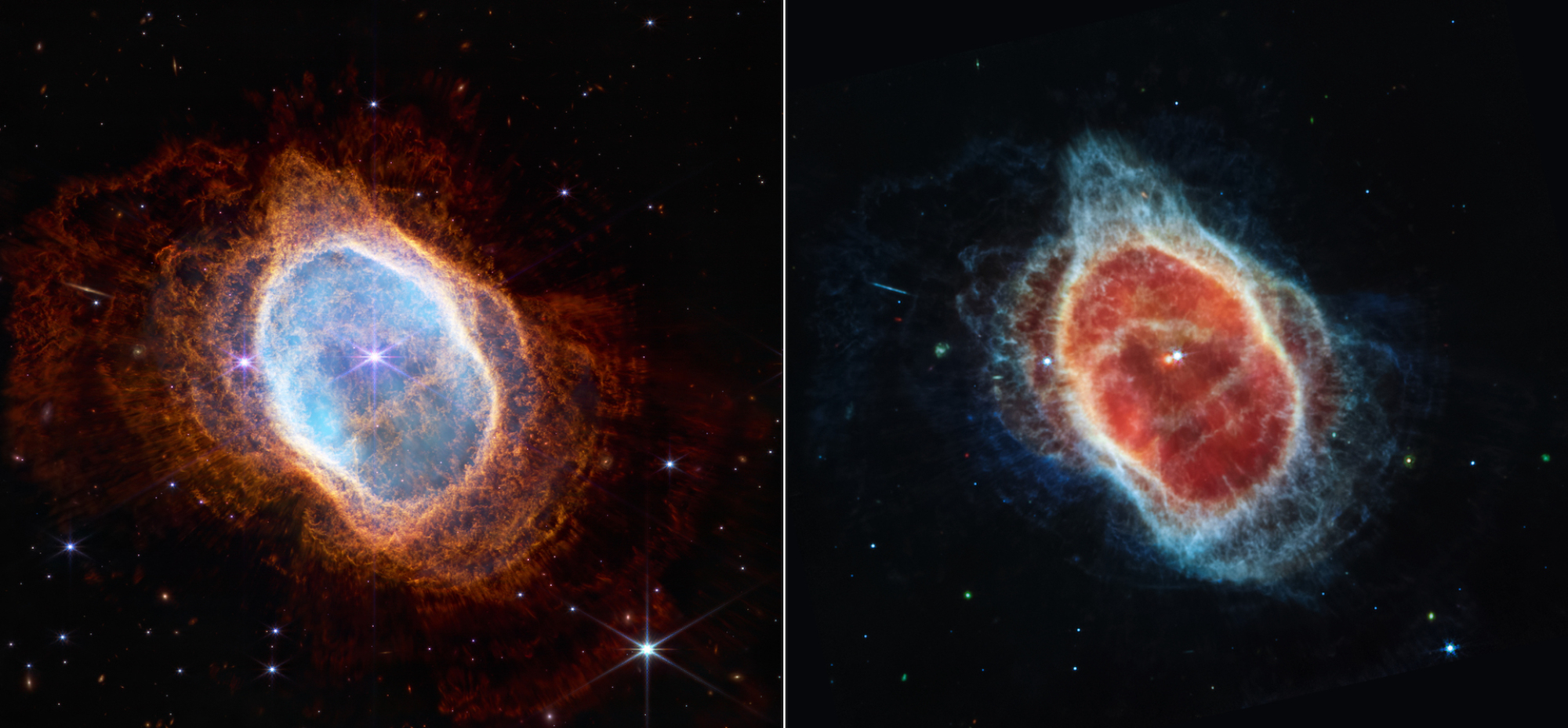 Image du télescope James Webb d'obus vifs de gaz et de poussière expulsés dans l'espace par une étoile mourante.