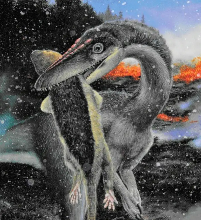 un dinosaure à plumes avec une proie dans la bouche