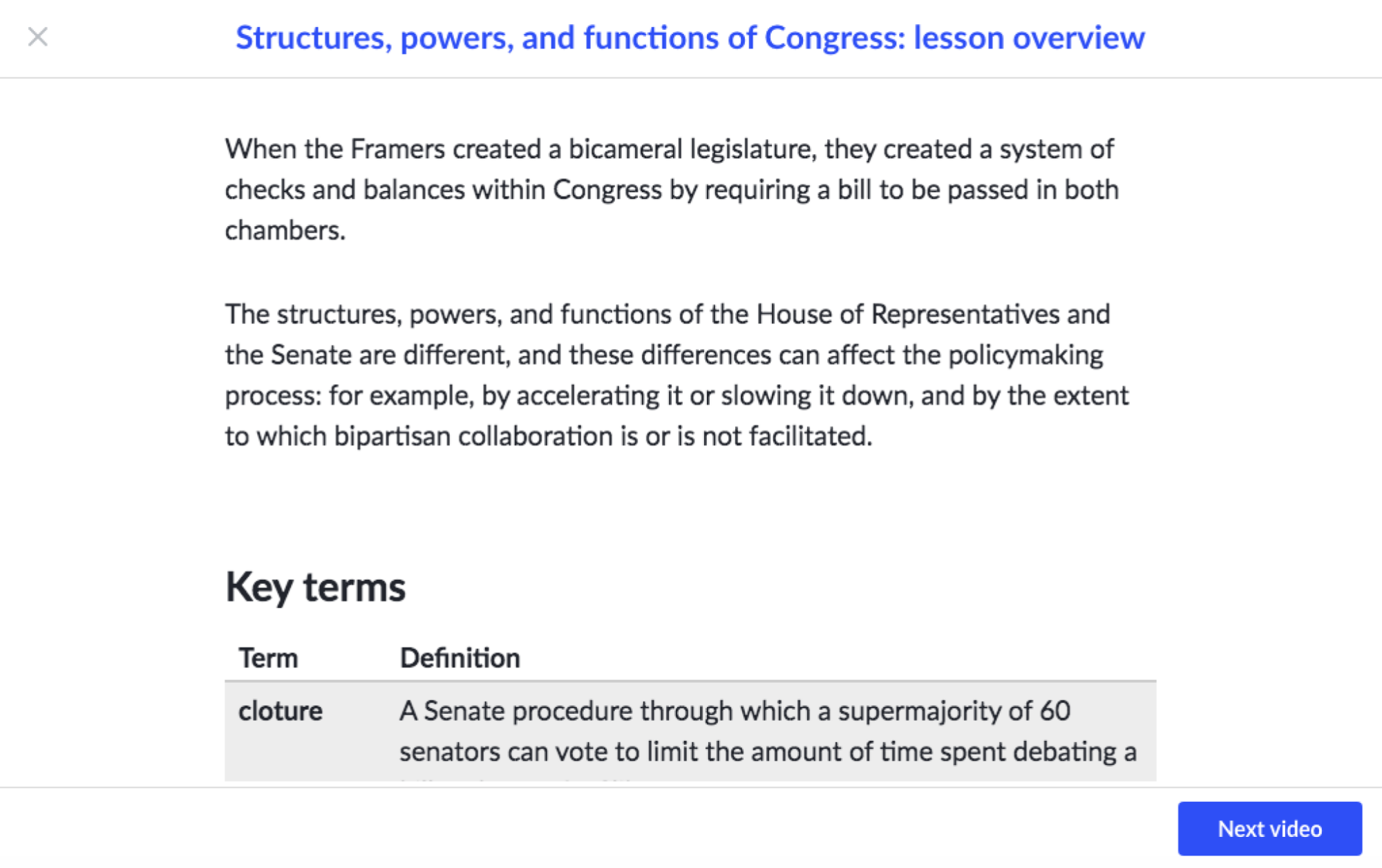 Un cours sur le gouvernement américain et l'éducation civique de la Khan Academy.