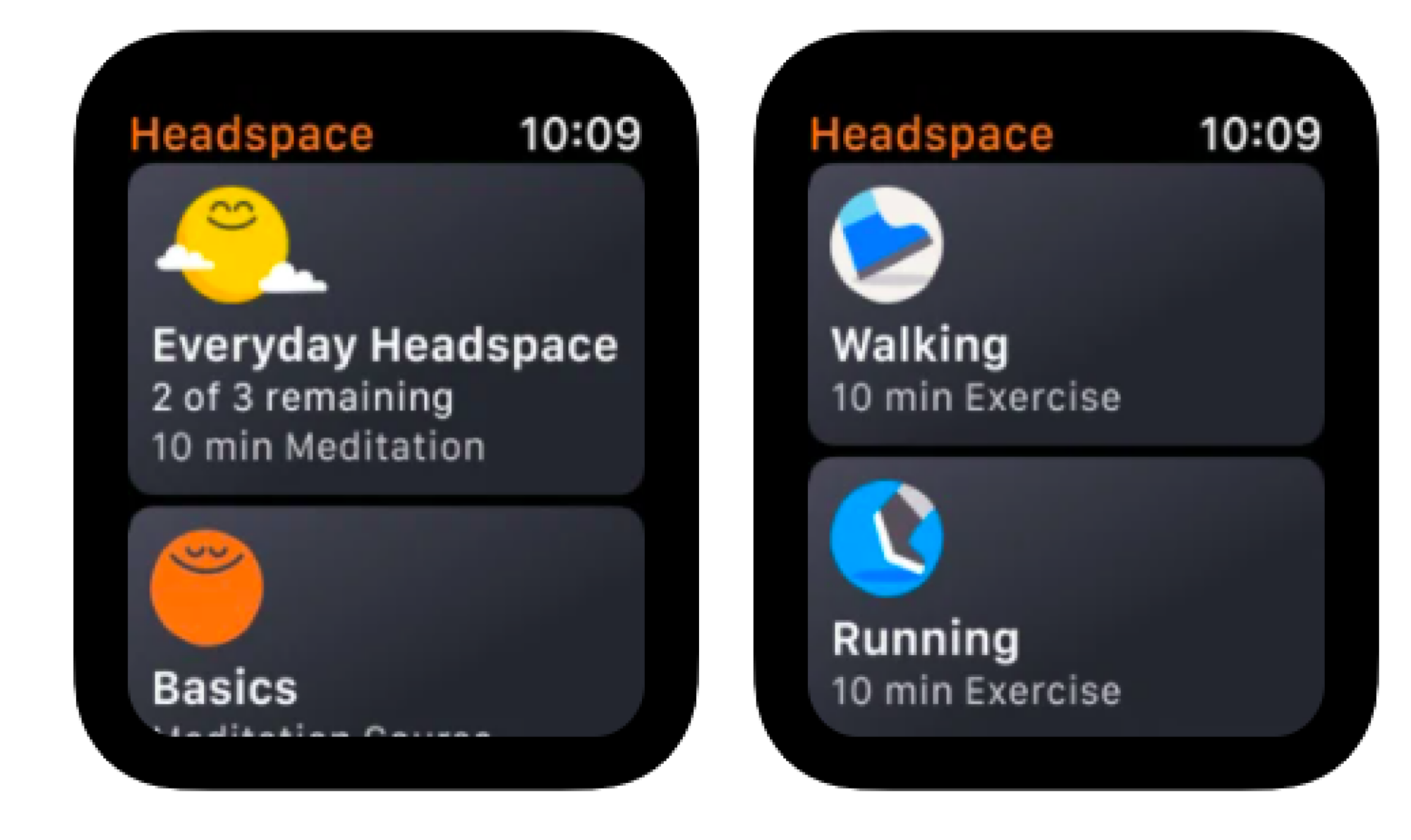 Capture d'écran Apple Watch de l'application Headspace, qui affiche des méditations pour tous les jours, les bases, la course et la marche. 