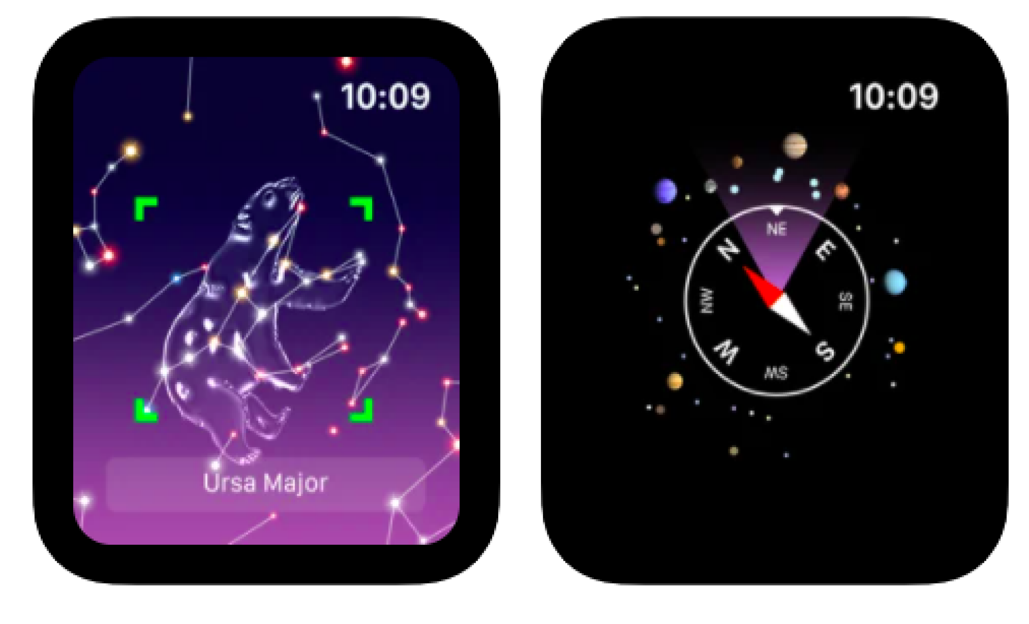 Capture d'écran Apple Watch d'un ciel nocturne violet avec des constellations et une boussole superposée sur des planètes et des étoiles.