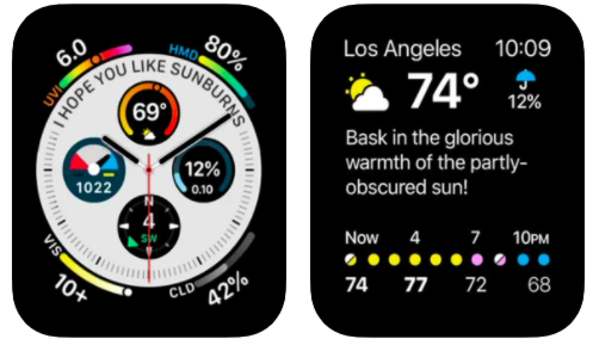 Capture d'écran Apple Watch d'un cadran de montre avec des informations sur la température, l'humidité et l'heure.  Le deuxième écran affiche un message sarcastique relayant la météo. 