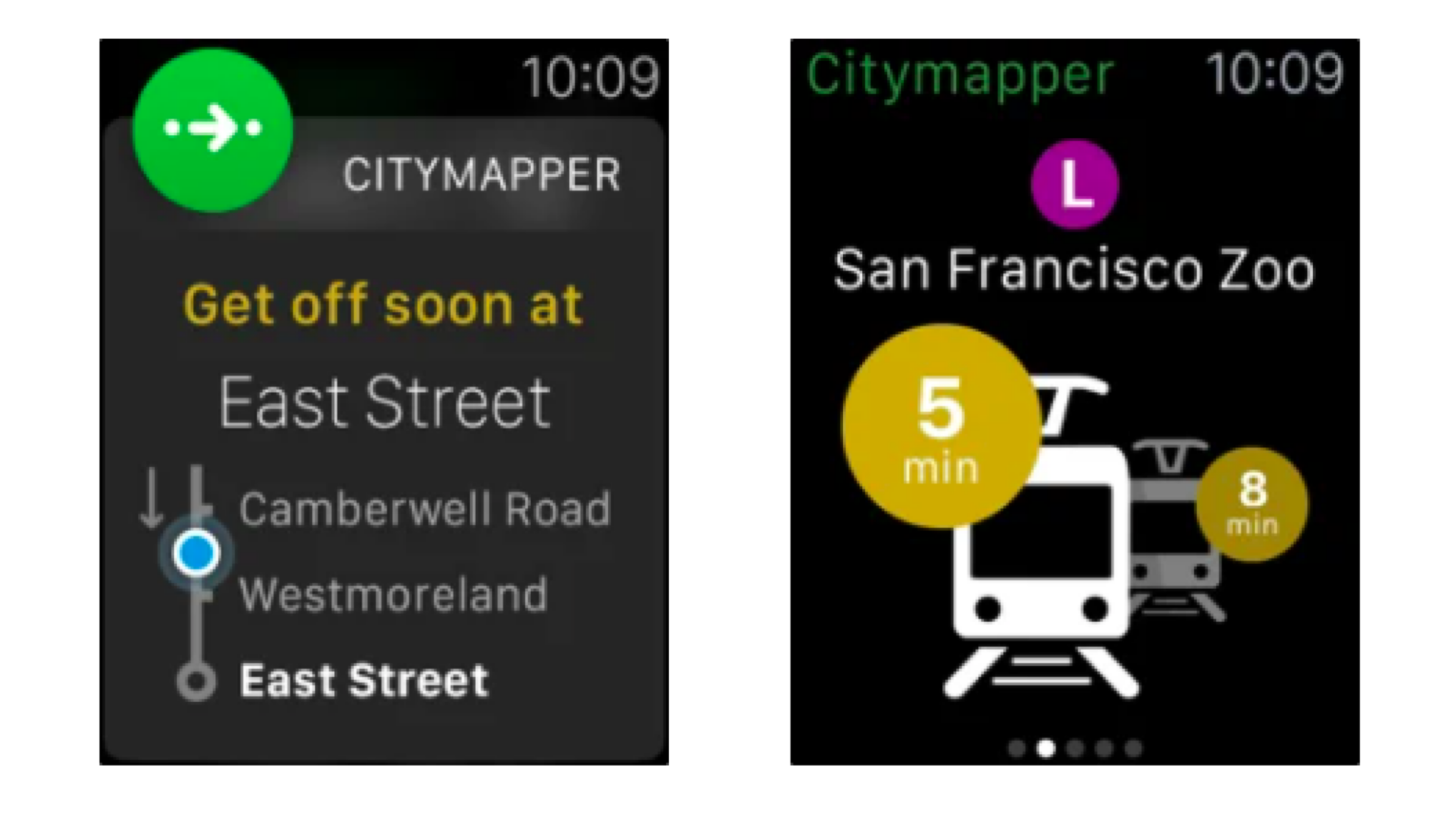 Capture d'écran Apple Watch des itinéraires de transport en commun à San Francisco. 