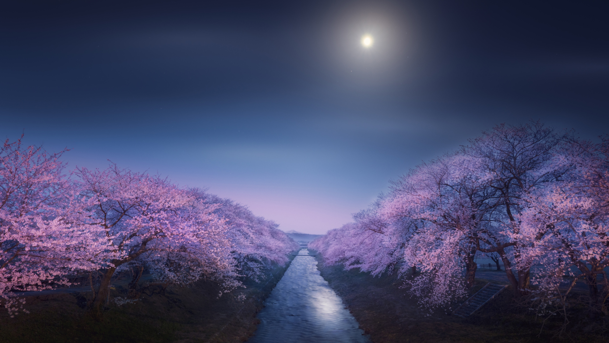 Une rivière baignée d'une lumière violette avec la lune dans le ciel.