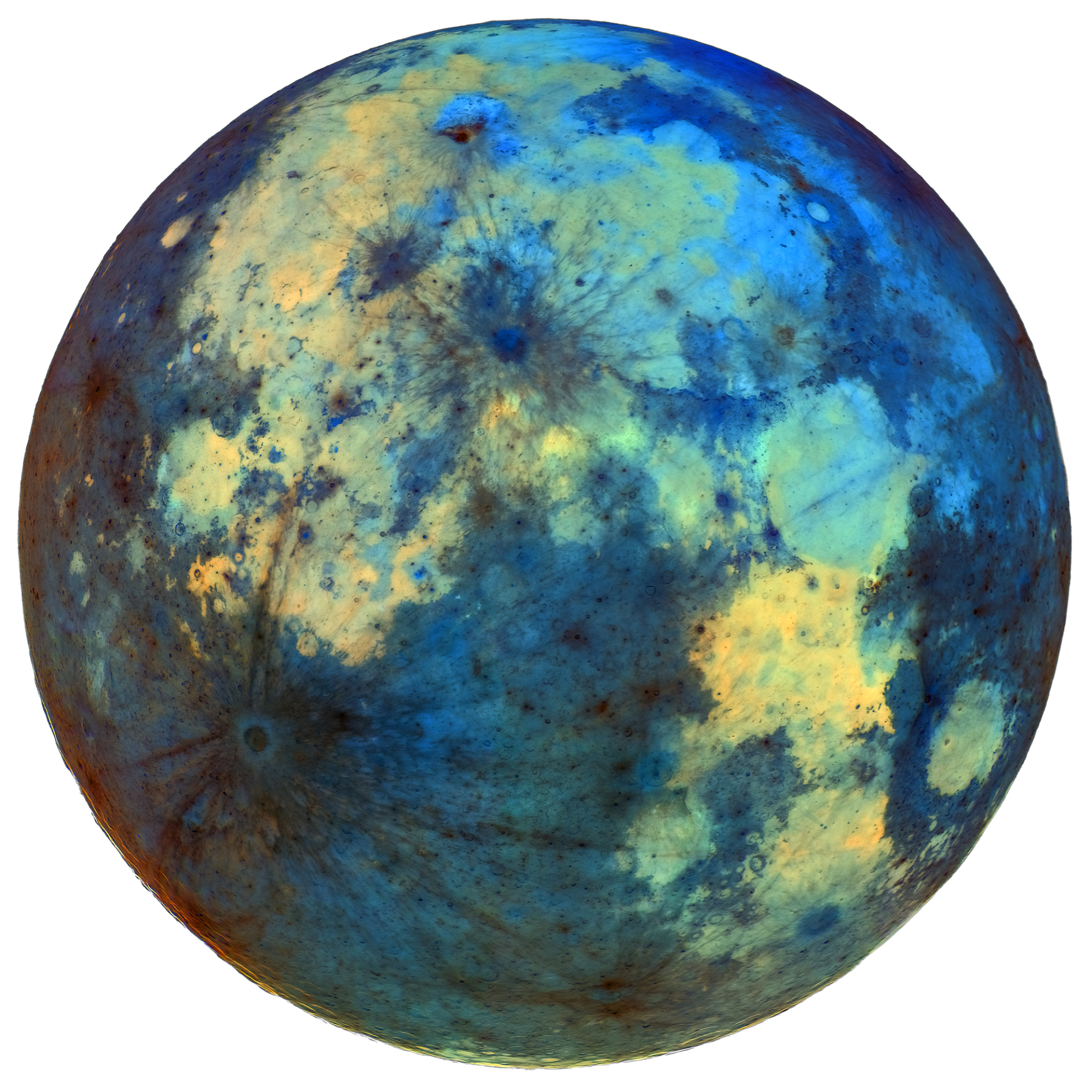 Une vue inversée de la surface de la lune avec des bleus et des verts.