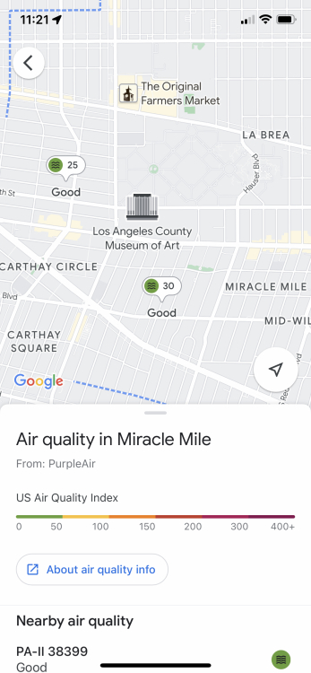 Une capture d'écran de Google Maps montrant la qualité de l'air affichée sur des emplacements à Los Angeles.