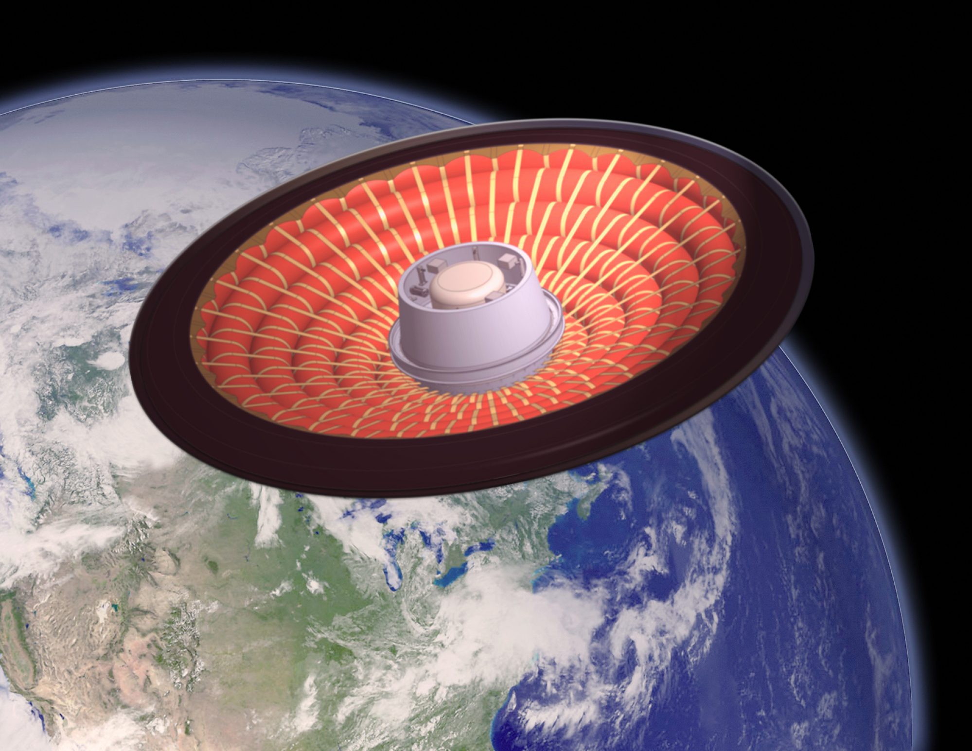 Bouclier thermique gonflé décélérant dans l'espace