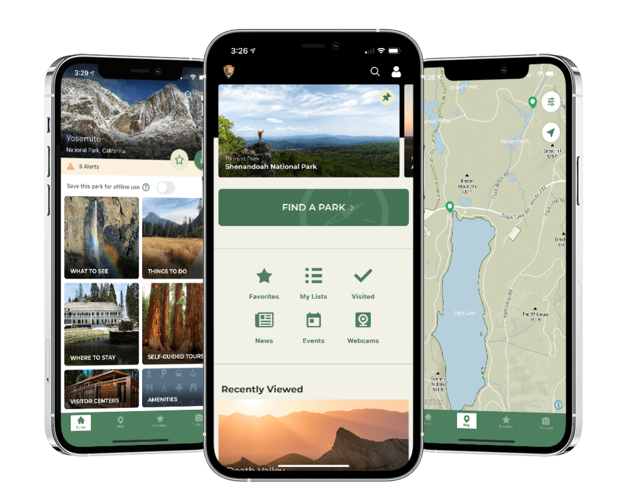 trois iPhones avec l'application National Park Service ouverte