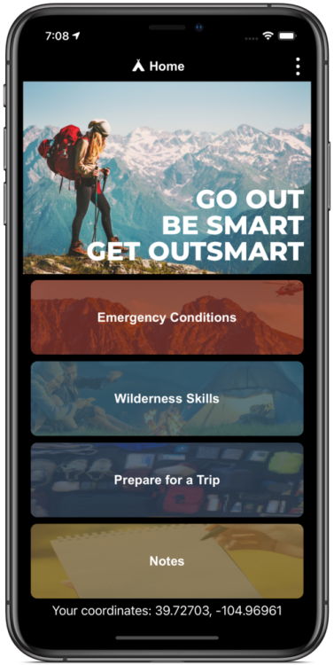 Un iPhone avec l'application OutSmart Wilderness ouverte