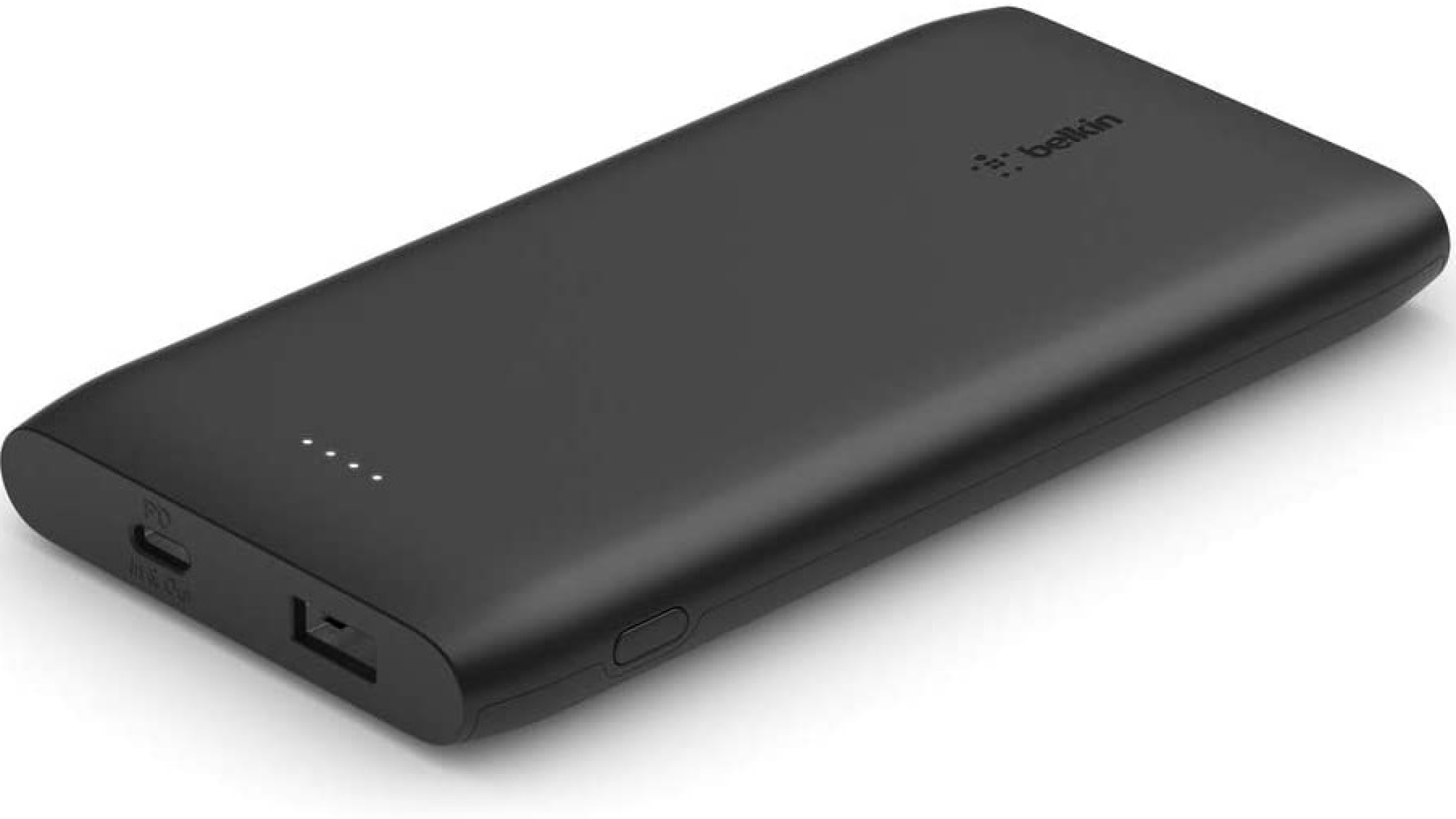 Chargeur portable rectangulaire noir avec quatre voyants pour indiquer le niveau de la batterie sur le bord inférieur.