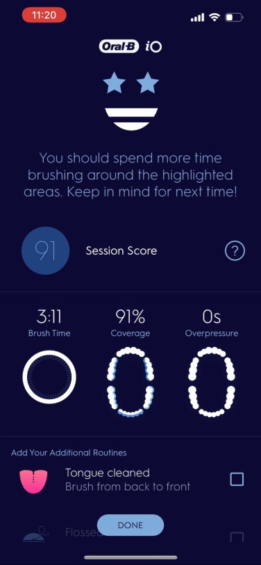 Capture d'écran de l'application Oral-B après une séance de brossage, avec un score de 91, temps total de brossage de 3:11.  et combien de secondes de surpression se sont produites, ce qui indique 0.