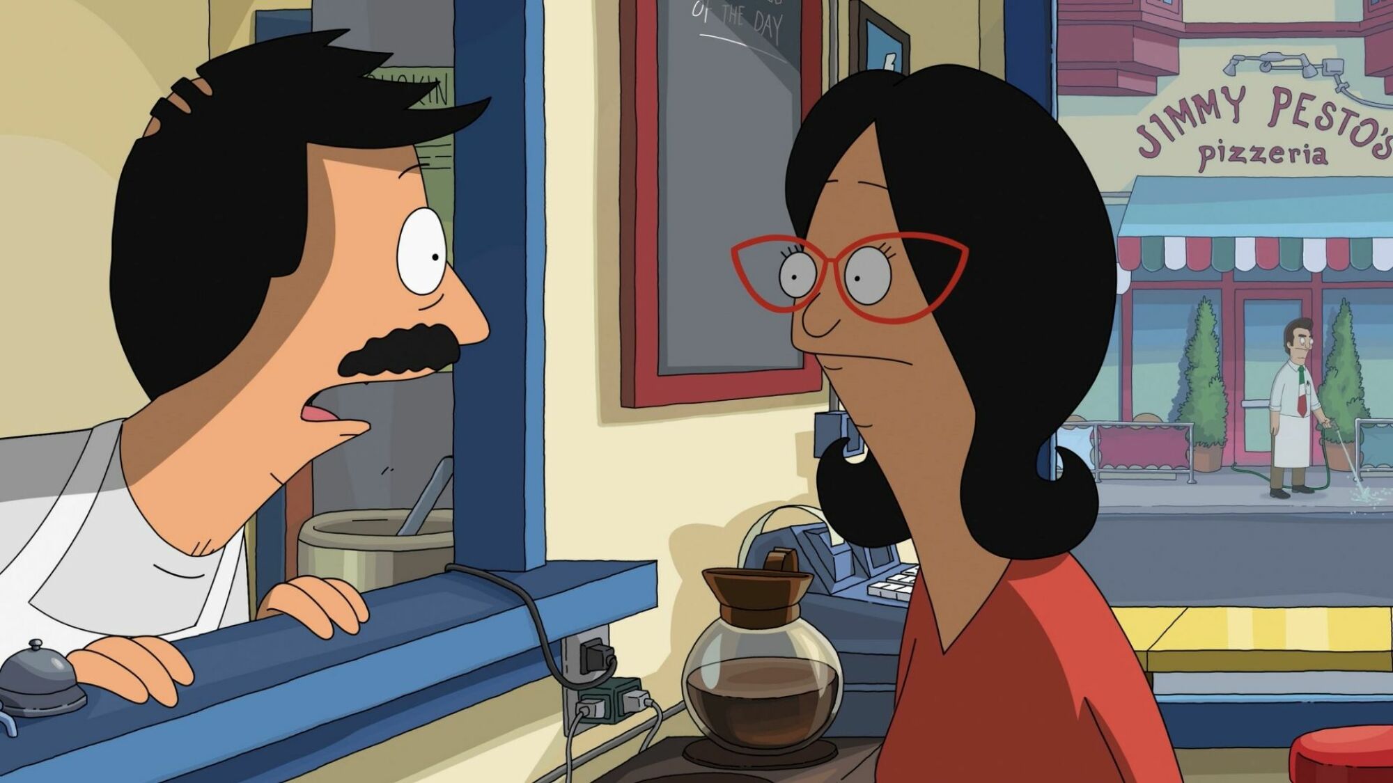 Bob Belcher s'adressant à sa femme, Linda, dans leur restaurant de hamburgers. 