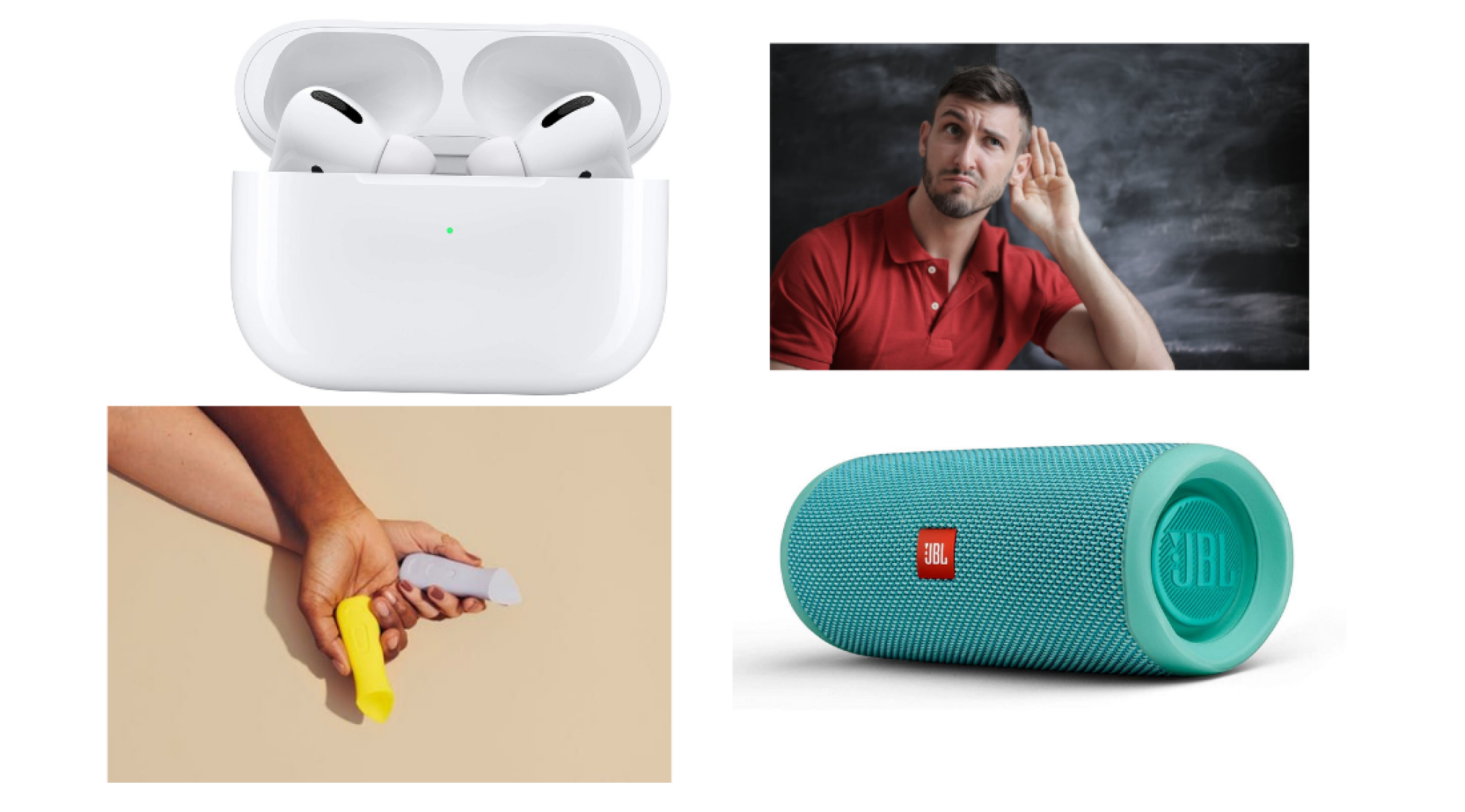 collage d'airpods, de deux vibrateurs dame kip, d'une personne qui écoute et d'un haut-parleur jbl bleu sarcelle