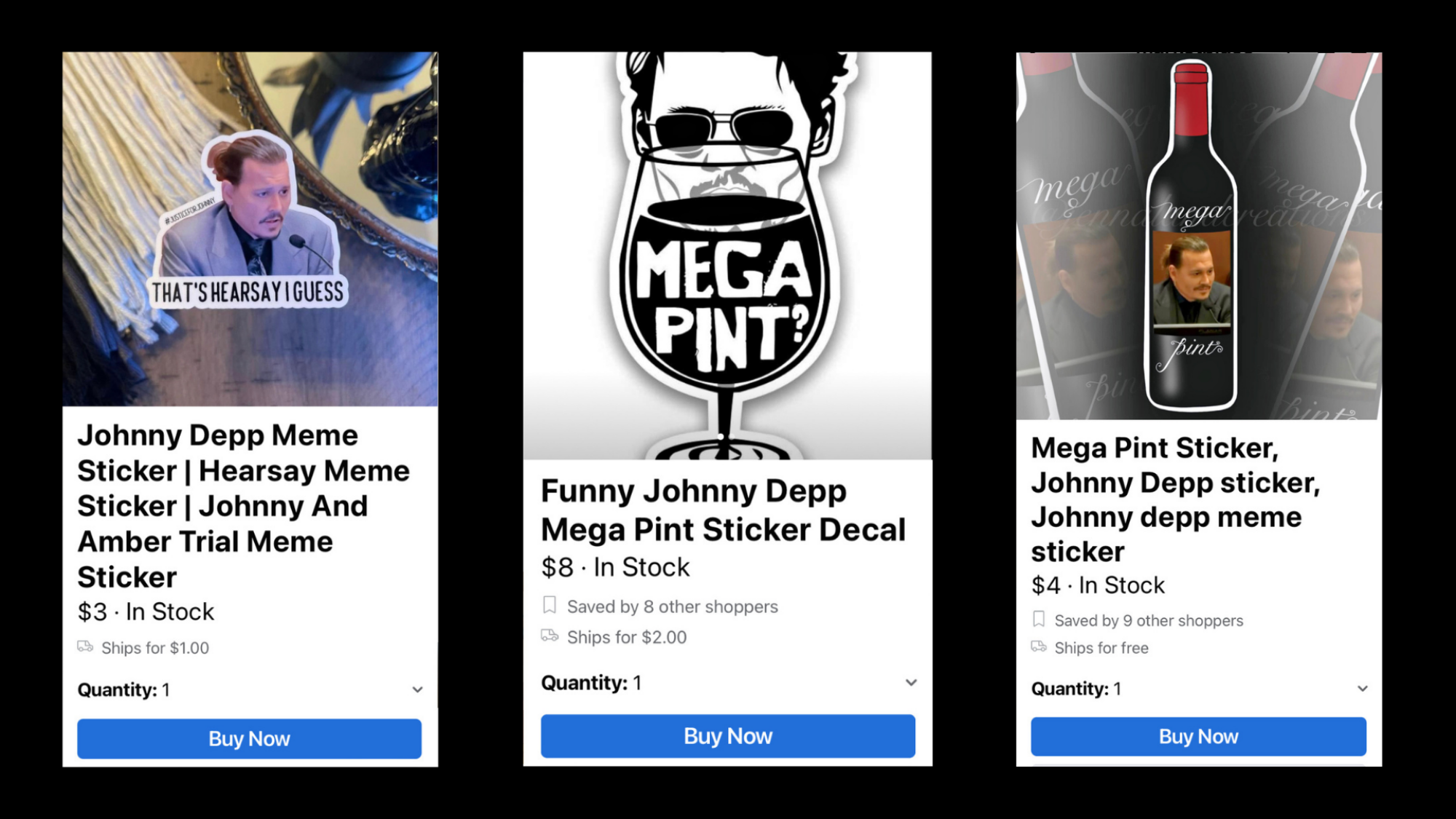 Un ensemble de trois captures d'écran de la liste Facebook Marketplace pour les mèmes de Johnny Depp : l'un de Depp sous-titré "C'est du ouï-dire je suppose," l'un d'un grand verre de vin avec les mots "méga pinte" et l'une d'une bouteille de vin étiquetée "méga pinte."