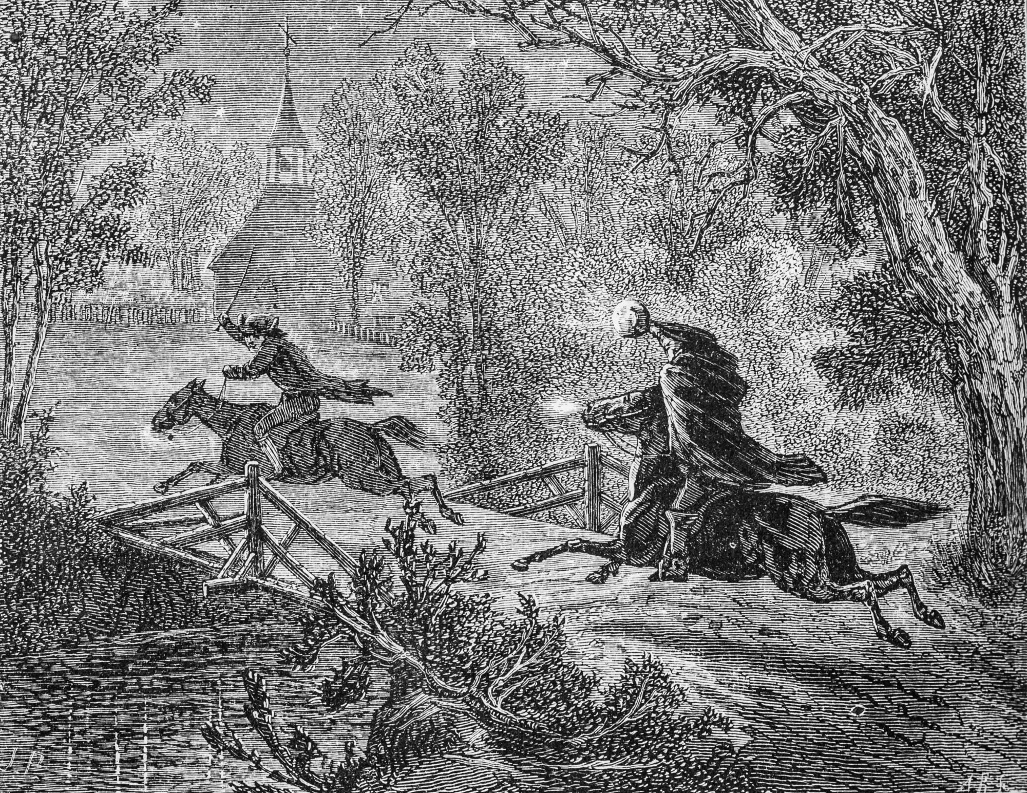 Le Cavalier sans tête poursuit Ichabod Crane à travers un pont étroit, comme illustré dans un numéro d'avril 1876 du Harper's New Monthly Magazine.  Le Cavalier sans tête est un personnage fictif de la nouvelle "La légende de Sleepy Hollow" publié en 1819 par Washington Irving.