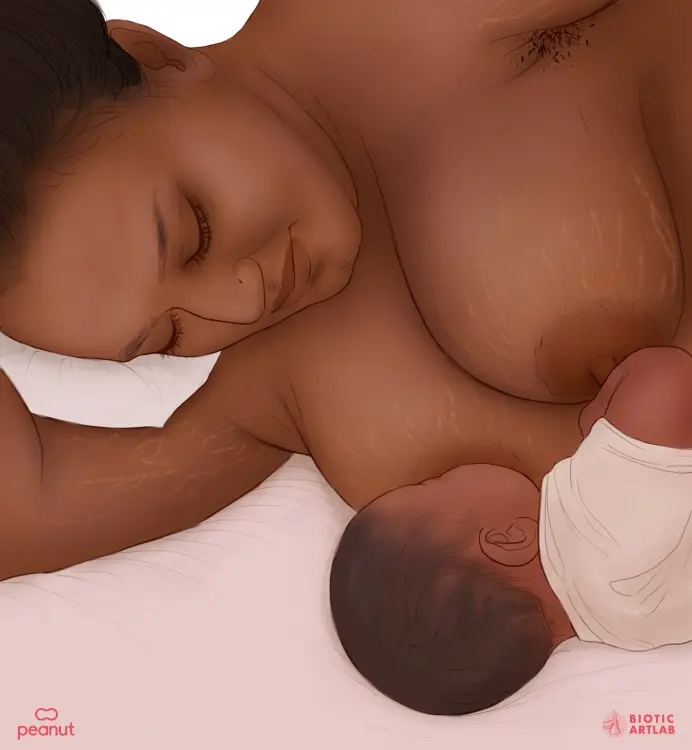 Une illustration d'une femme noire, allongée sur le côté, allaitant son nouveau-né.