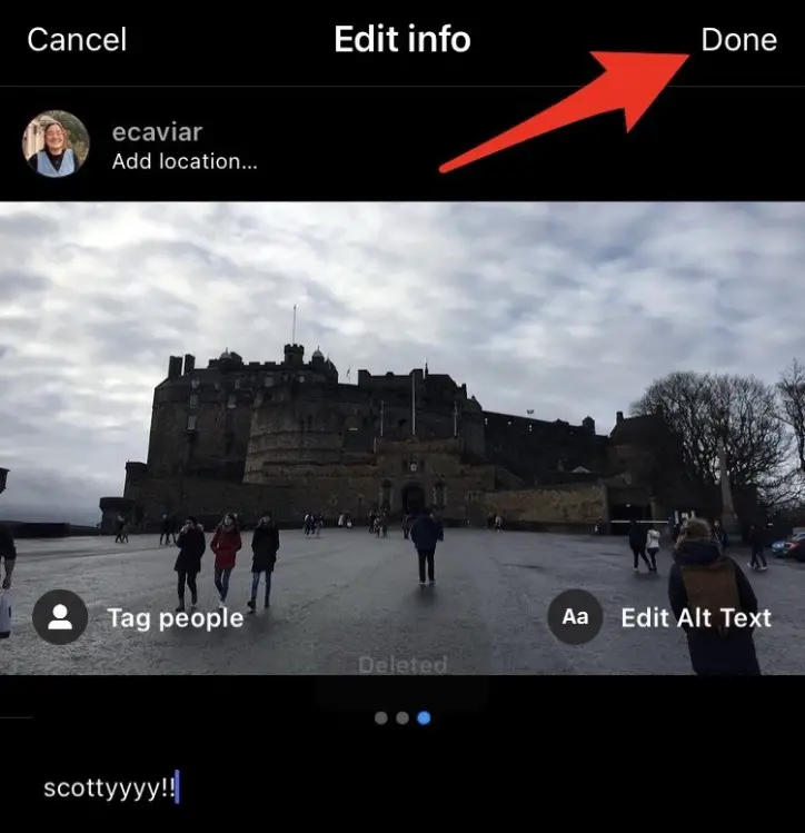 Capture d'écran d'une publication Instagram avec une flèche rouge pointant vers 
