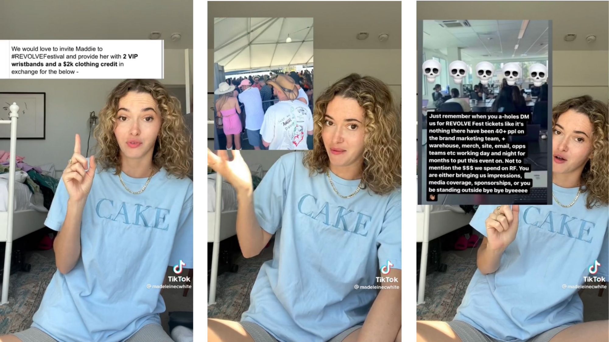 Les captures d'écran de Maddie White de sa vidéo TikTok.  Elle est assise par terre dans une chemise bleue.