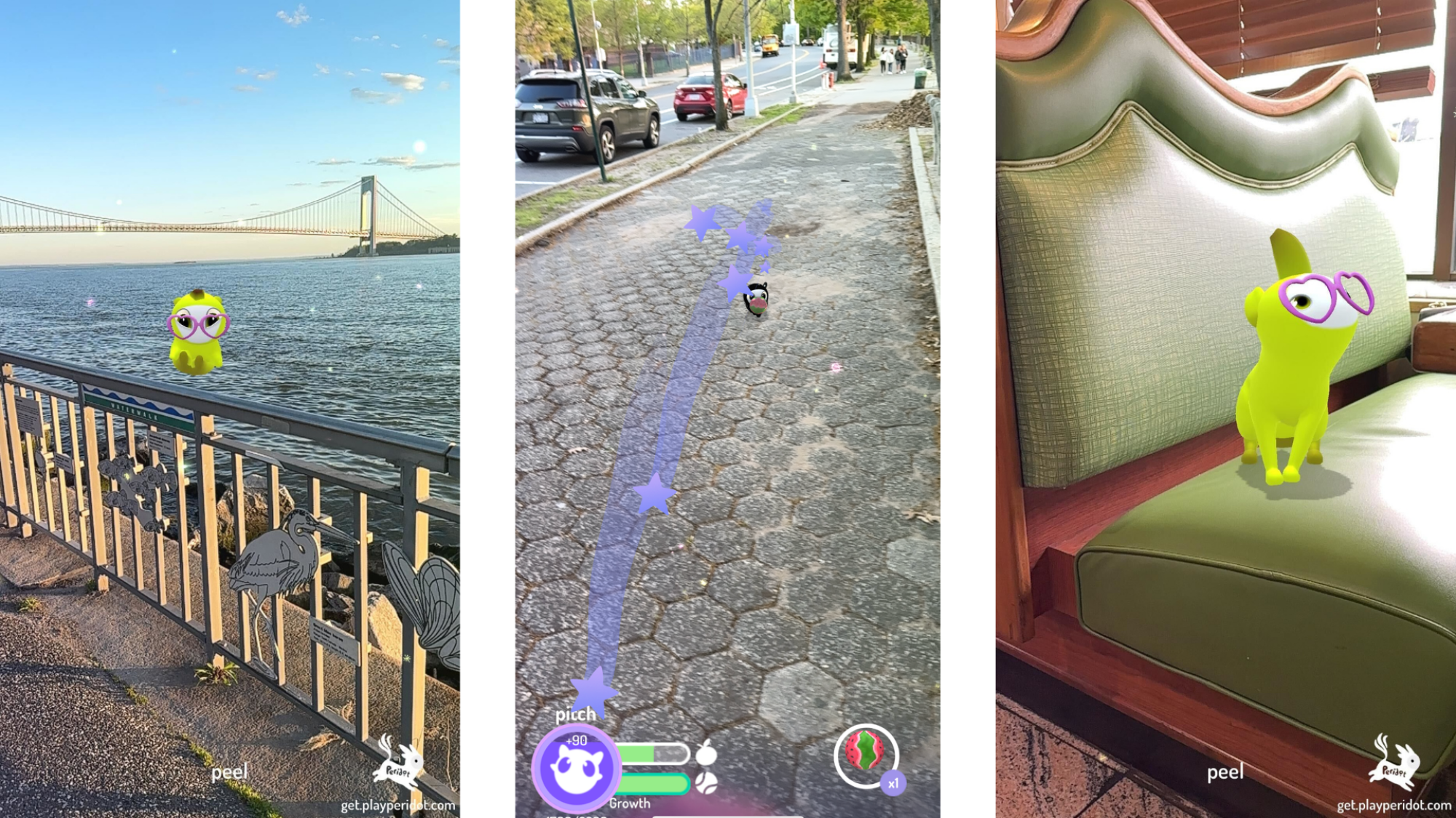 Trois captures d'écran du jeu : une montrant Peel, mon point jaune de type banane, flottant dans les airs devant un port.  Le milieu montre mon Peridot Pitch noir courant vers moi sur le trottoir.  La troisième est une photo de Peel assis dans une cabine de restaurant en vinyle vert.