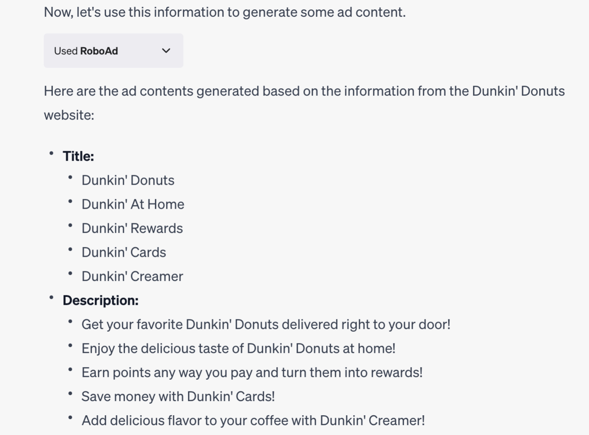 Plugin RoboAd générant du contenu publicitaire pour les publicités Dunkin' Donuts