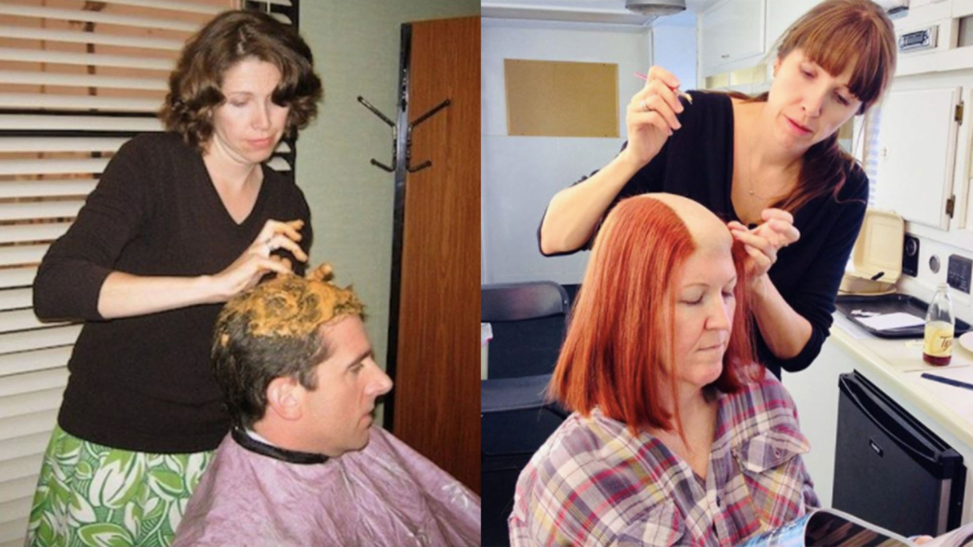 Un composite côte à côte de deux photos.  La gauche montre un coiffeur mettant du beurre de cacahuète sur les cheveux d'un homme, et la droite montre le coiffeur retouchant le bonnet chauve d'une femme sur le plateau de "Le bureau."