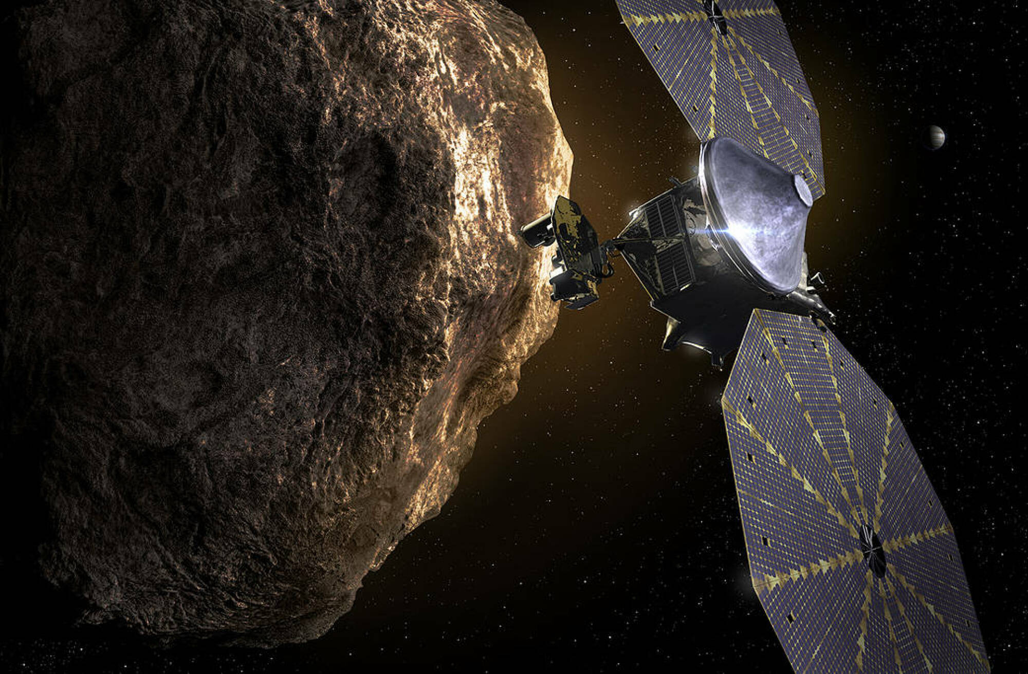 le vaisseau spatial Lucy passant devant un astéroïde