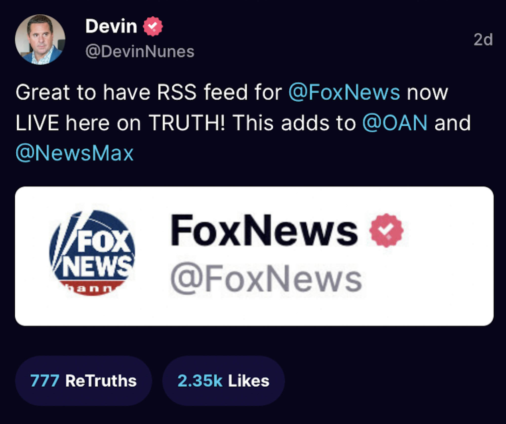 Devin Nunes accueille @FoxNews sur Truth Social