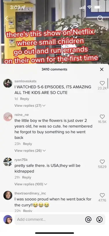 Capture d'écran des commentaires de TikTok, tous jaillissant de la beauté de la série.