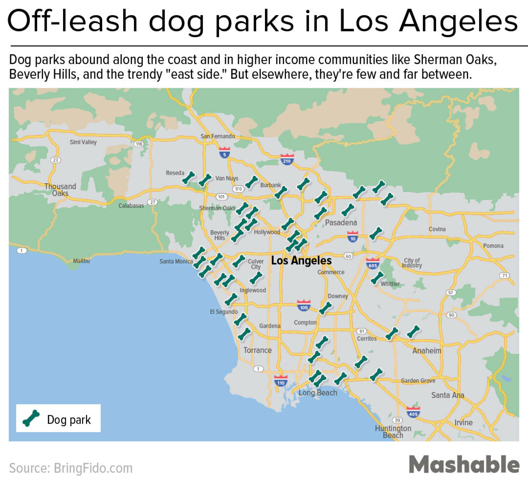 Une carte de Los Angeles affichant tous les parcs à chiens de la ville avec des icônes représentant des os.