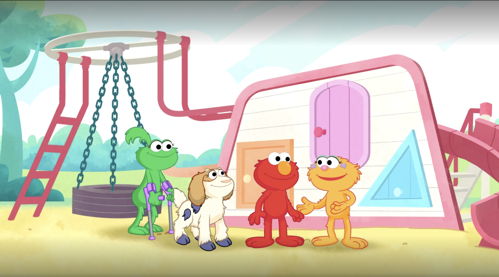 Les Muppets Elmo, Zoe, Ma'Zooza et Ameera se rencontrent sur une aire de jeux extérieure.