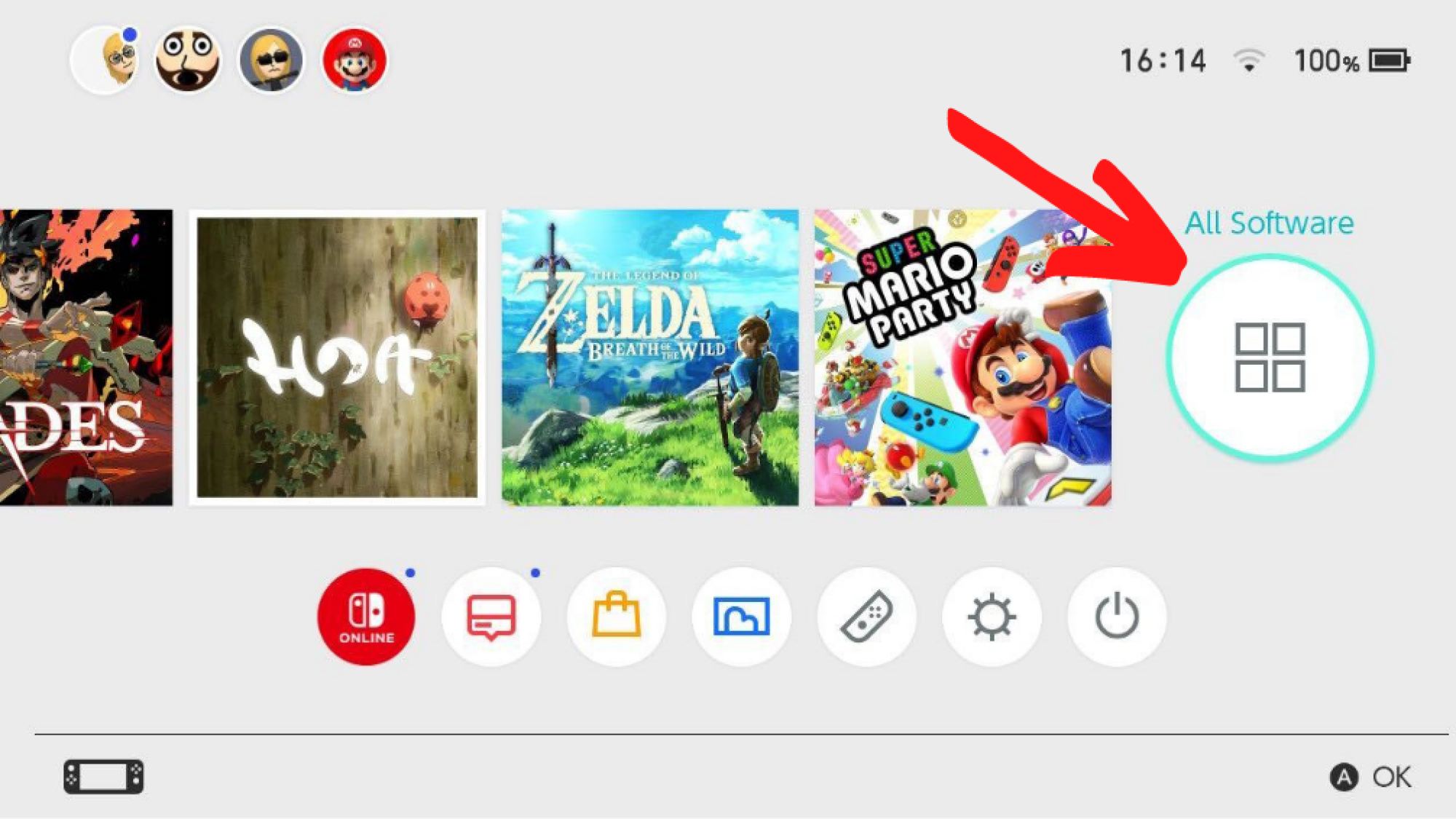 L'écran de menu d'une Nintendo Switch avec une flèche indiquant le bouton Tous les logiciels à l'extrême droite.