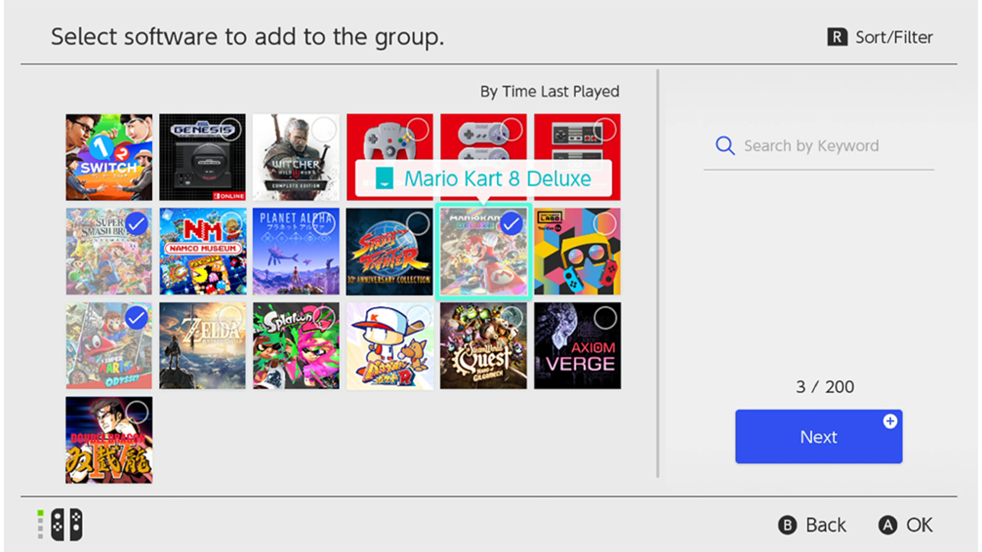 Un écran sur Nintendo Switch montrant le bouton de sélection de jeu lors de la création d'un groupe.