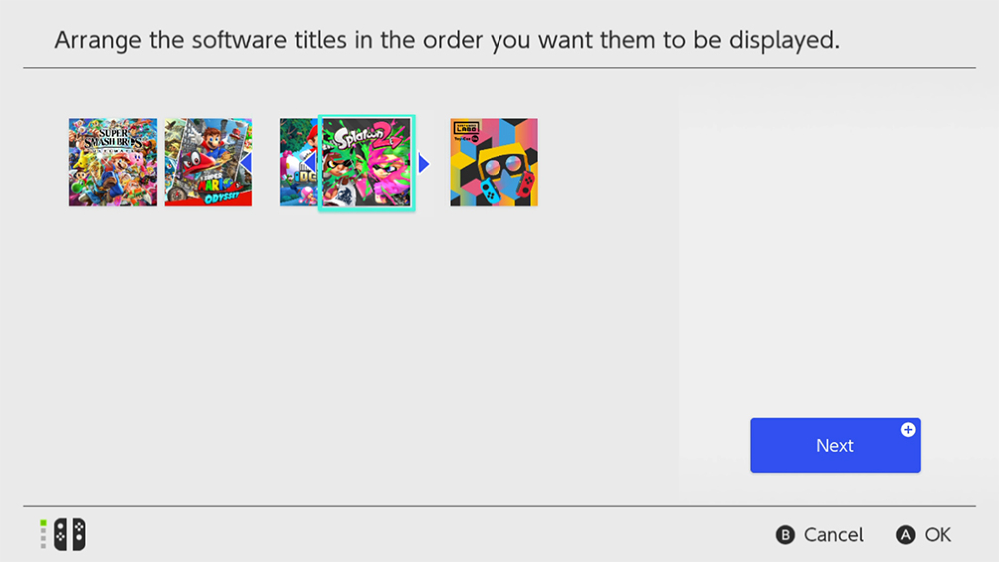 Un écran sur Nintendo Switch indiquant où vous pouvez déplacer l'ordre des jeux dans un groupe.