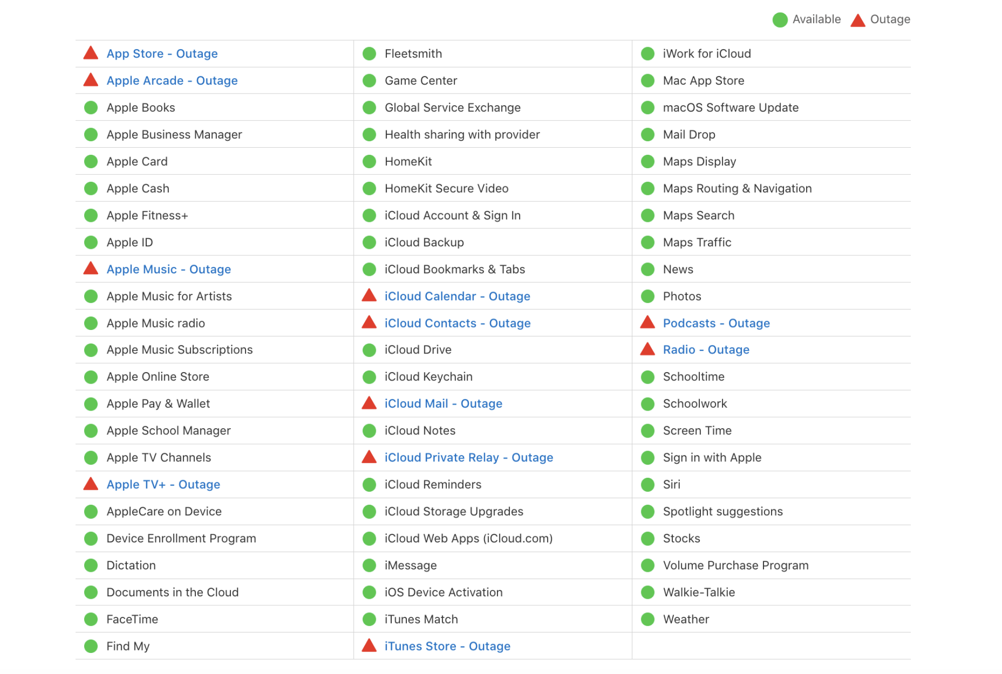 Page d'état du système Apple indiquant les pannes.