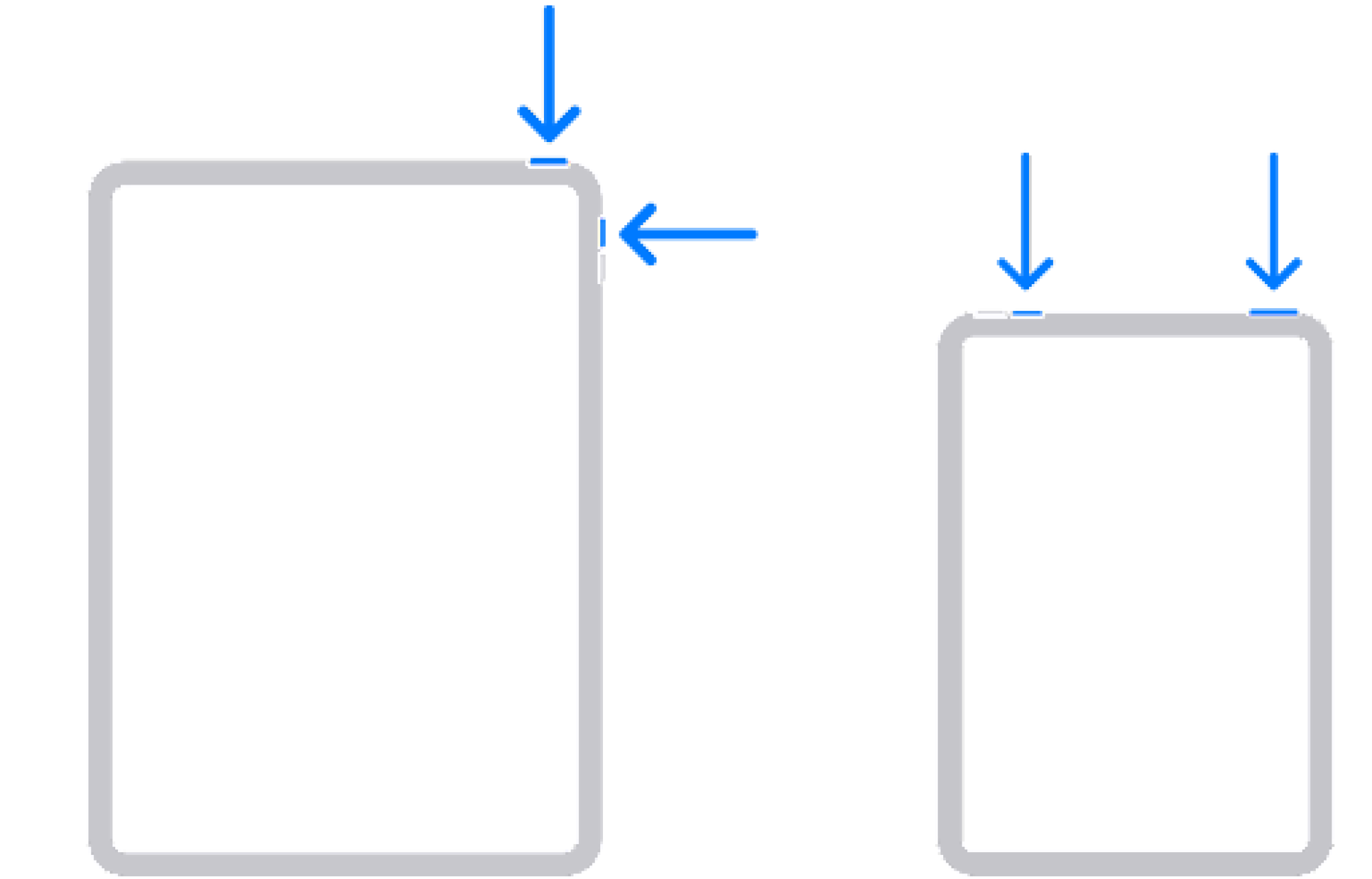 Flèches indiquant les boutons en haut à droite et volume à appuyer sur l'iPad pour la capture d'écran.