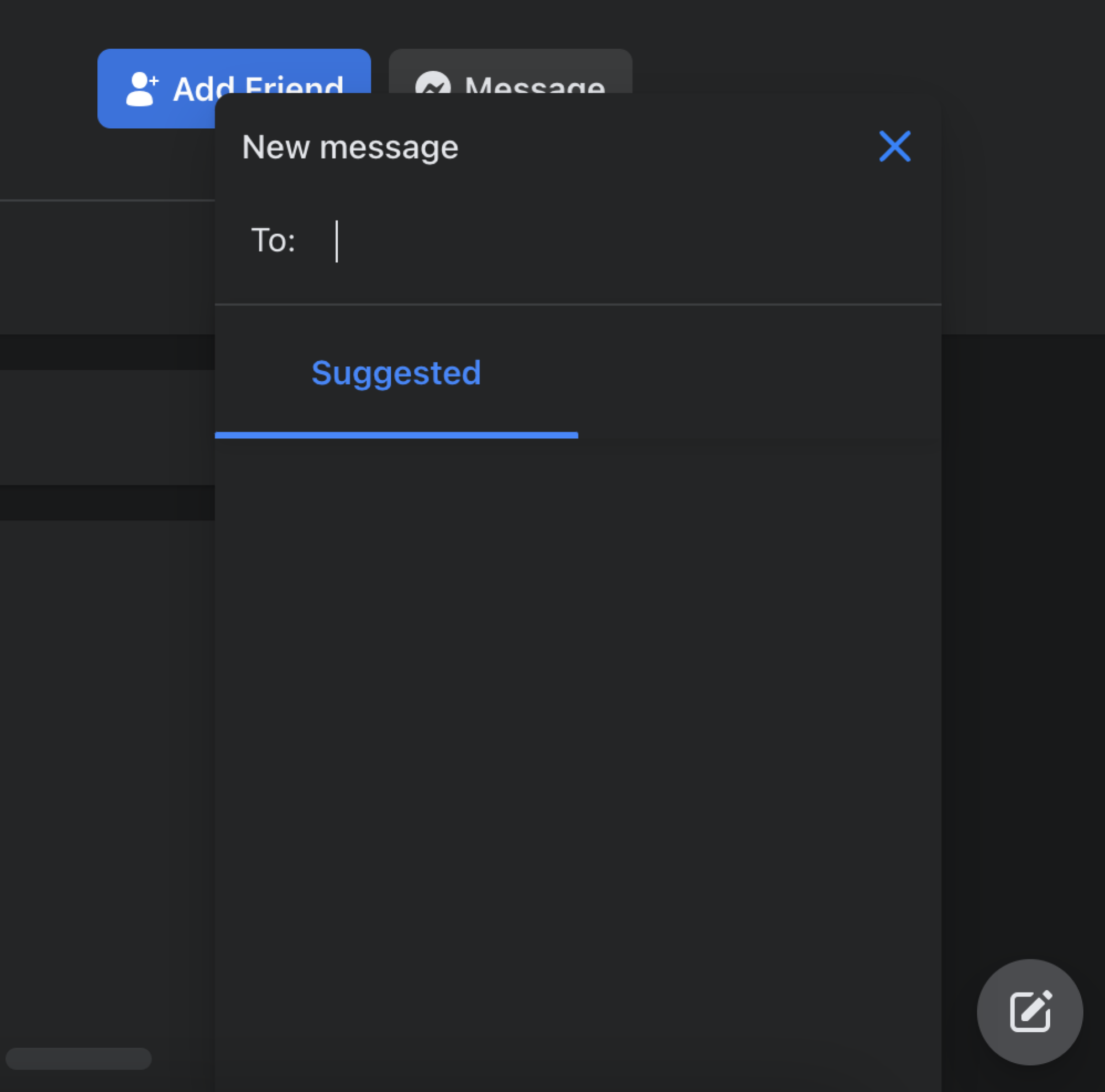 Une capture d'écran de l'outil Message de Facebook ne montrant aucune suggestion pour les expéditeurs.