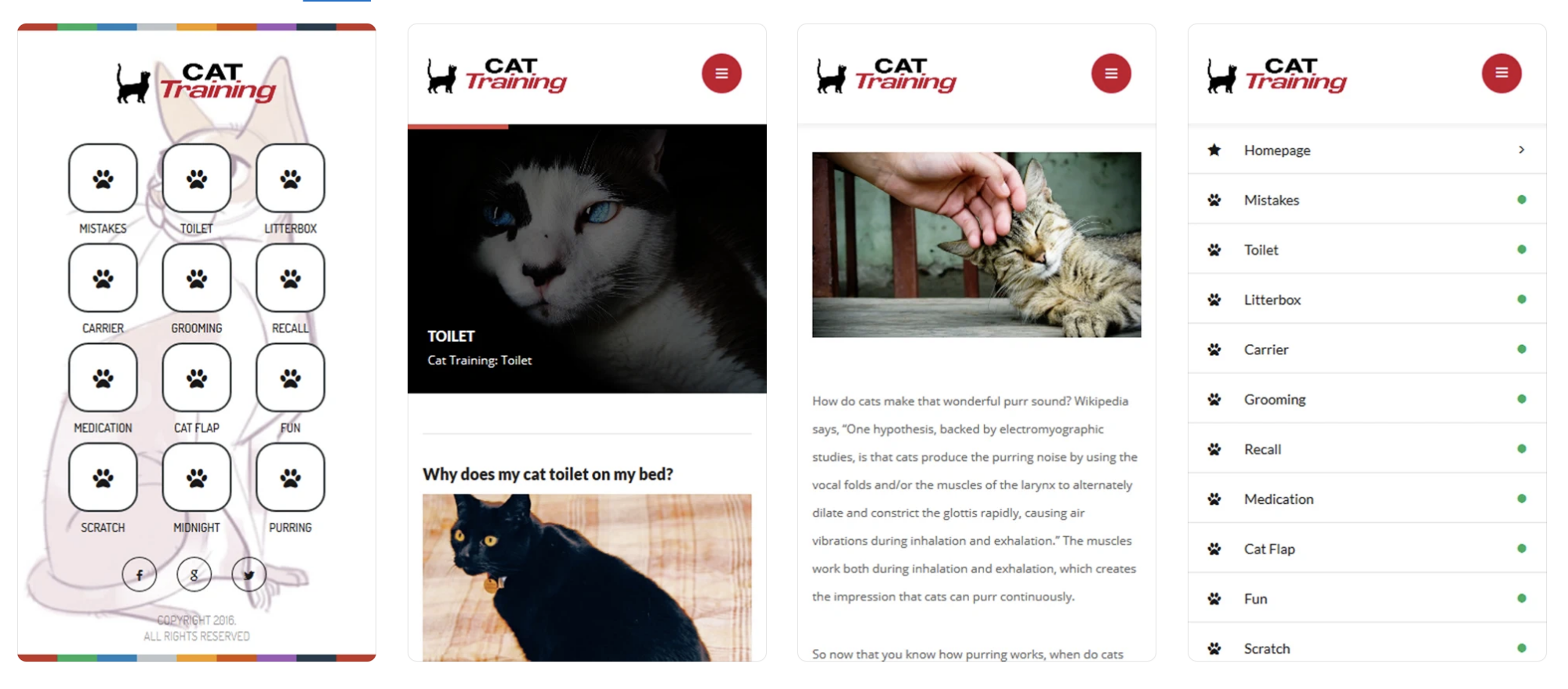 Captures d'écran des fonctionnalités de l'application Cat Training