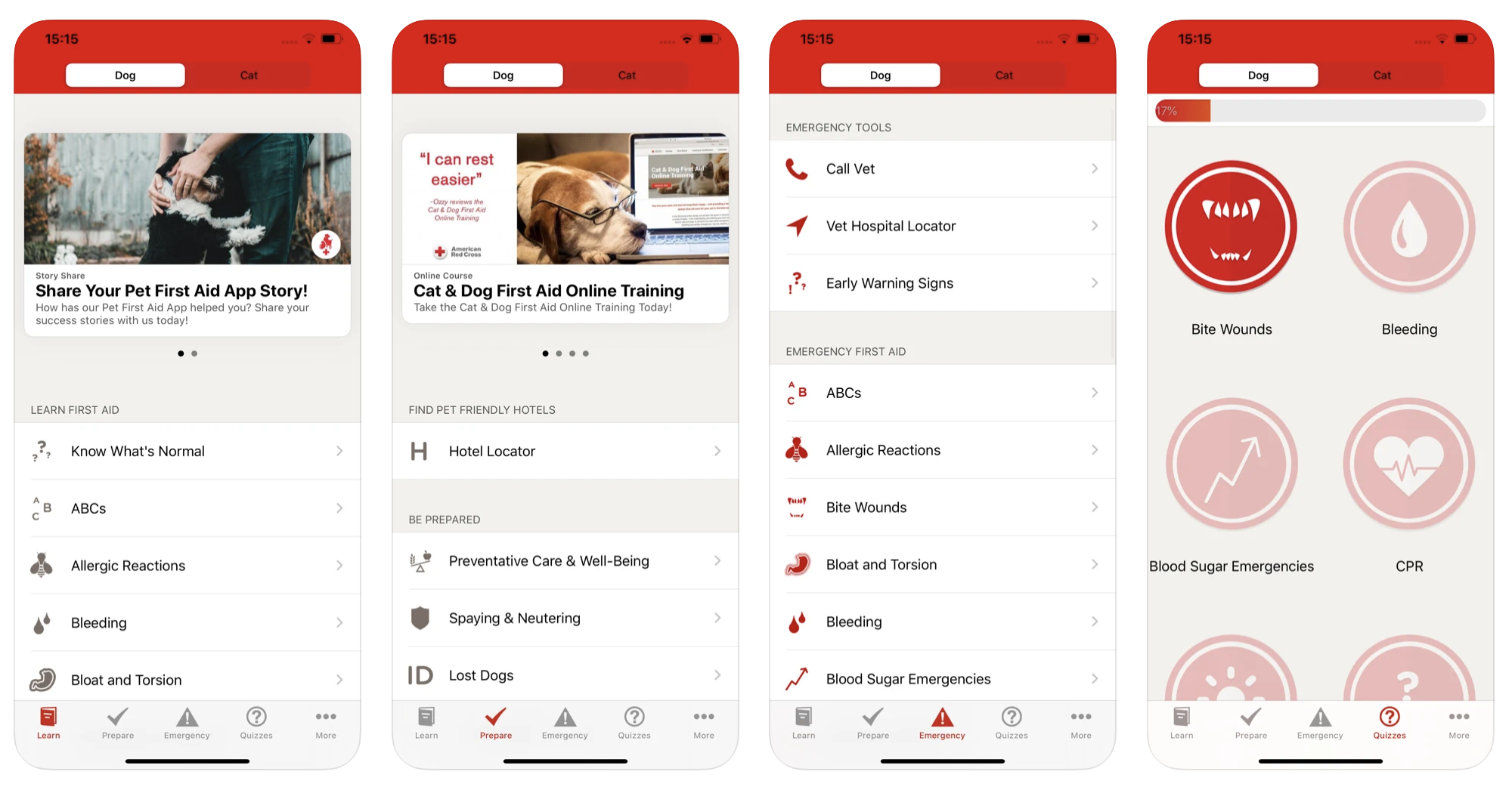 Captures d'écran des fonctionnalités de l'application Pet First Aid