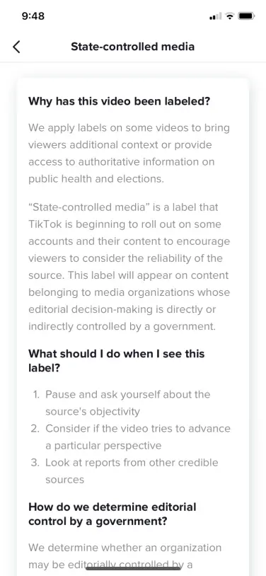 Une capture d'écran de TikTok montre un portail d'information pour les médias contrôlés par l'État.