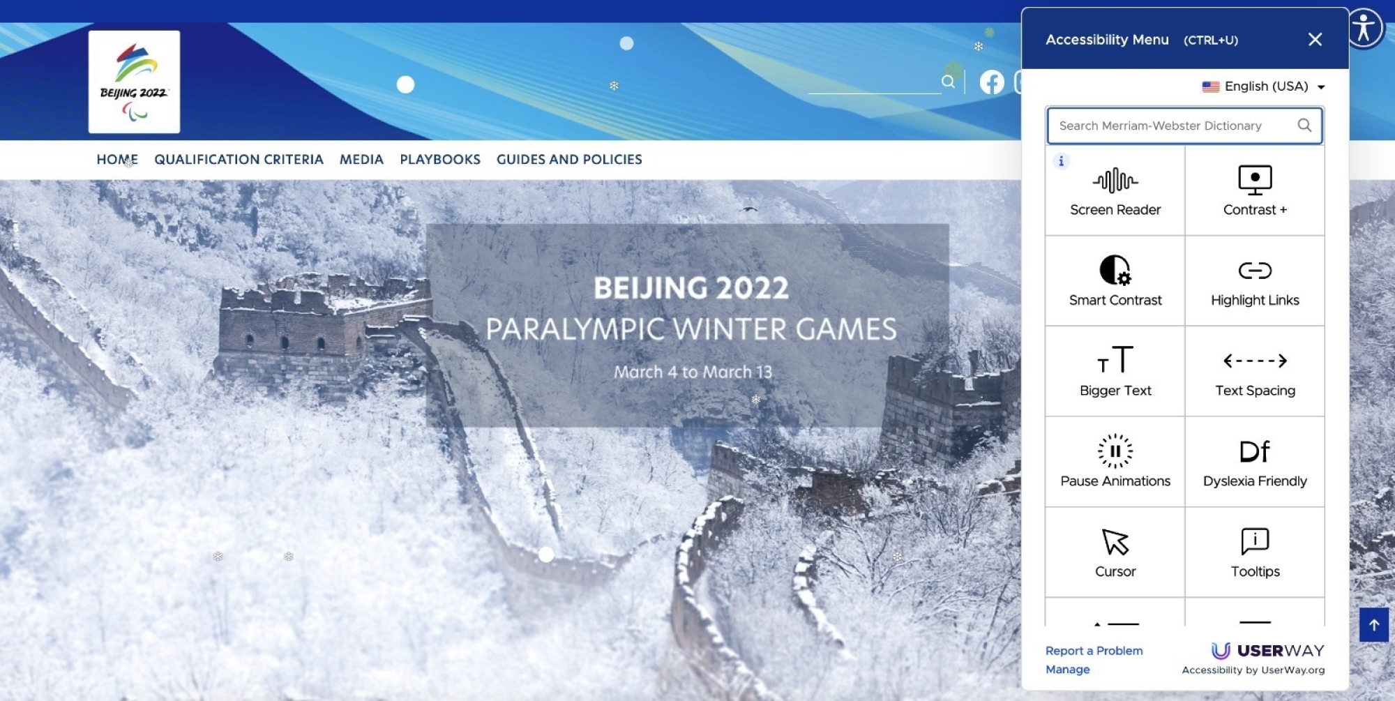 La page d'accueil des Jeux paralympiques d'hiver avec les options d'accessibilité affichées sur le côté droit de l'écran.