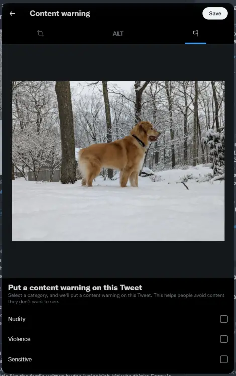 Une capture d'écran de l'interface d'avertissement de contenu de Twitter.  Une image d'un chien debout dans la neige remplit la majeure partie de la capture d'écran.  En dessous, il y a un texte qui se lit comme suit : "Mettez un avertissement de contenu sur ce tweet.  Sélectionnez une catégorie et nous mettrons un avertissement de contenu sur ce Tweet.  Cela aide les gens à éviter le contenu qu'ils ne veulent pas voir." Vous avez le choix entre trois options de case à cocher : Nudité, Violence, Sensible.