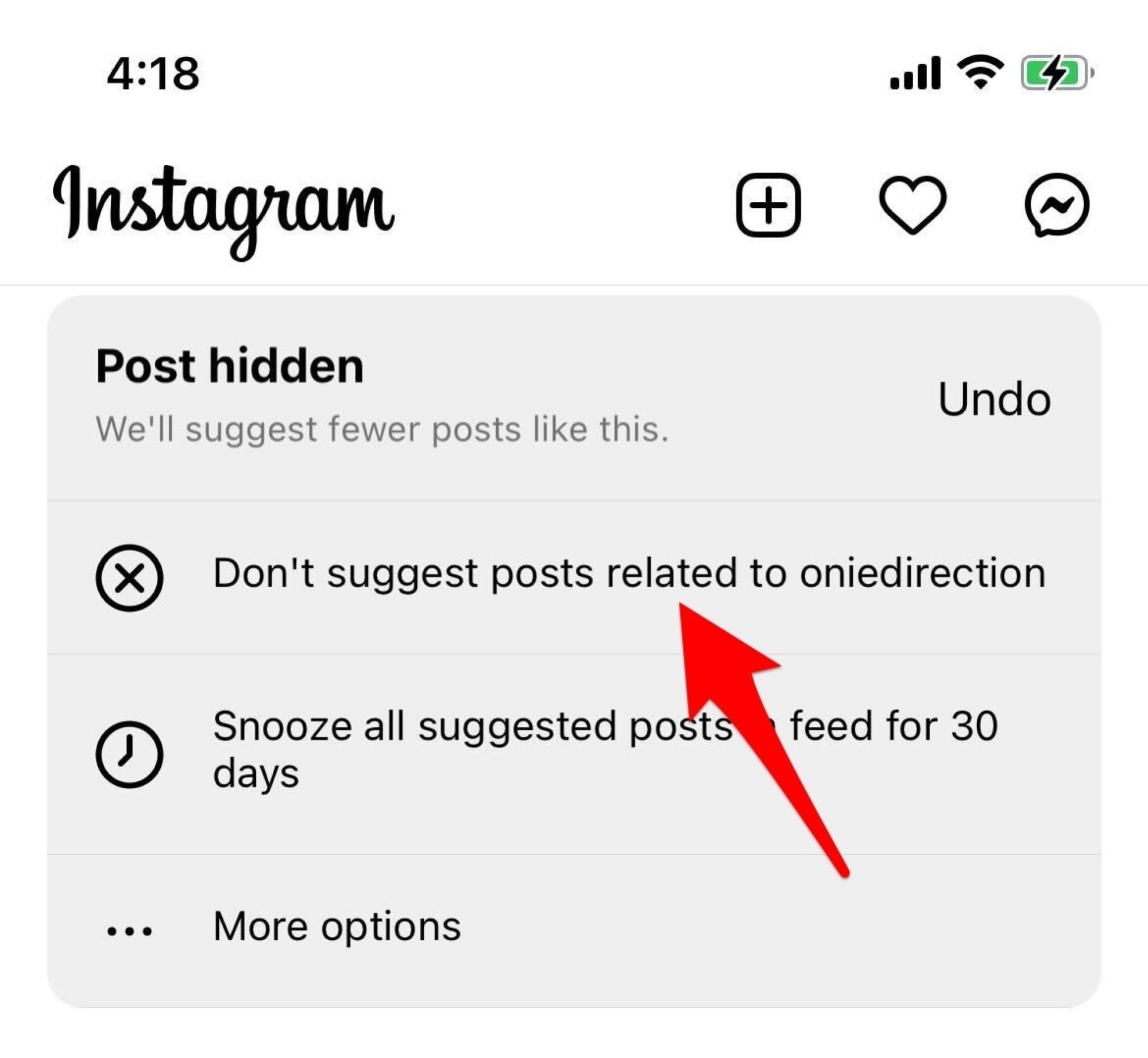 capture d'écran instagram pour masquer les messages suggérés