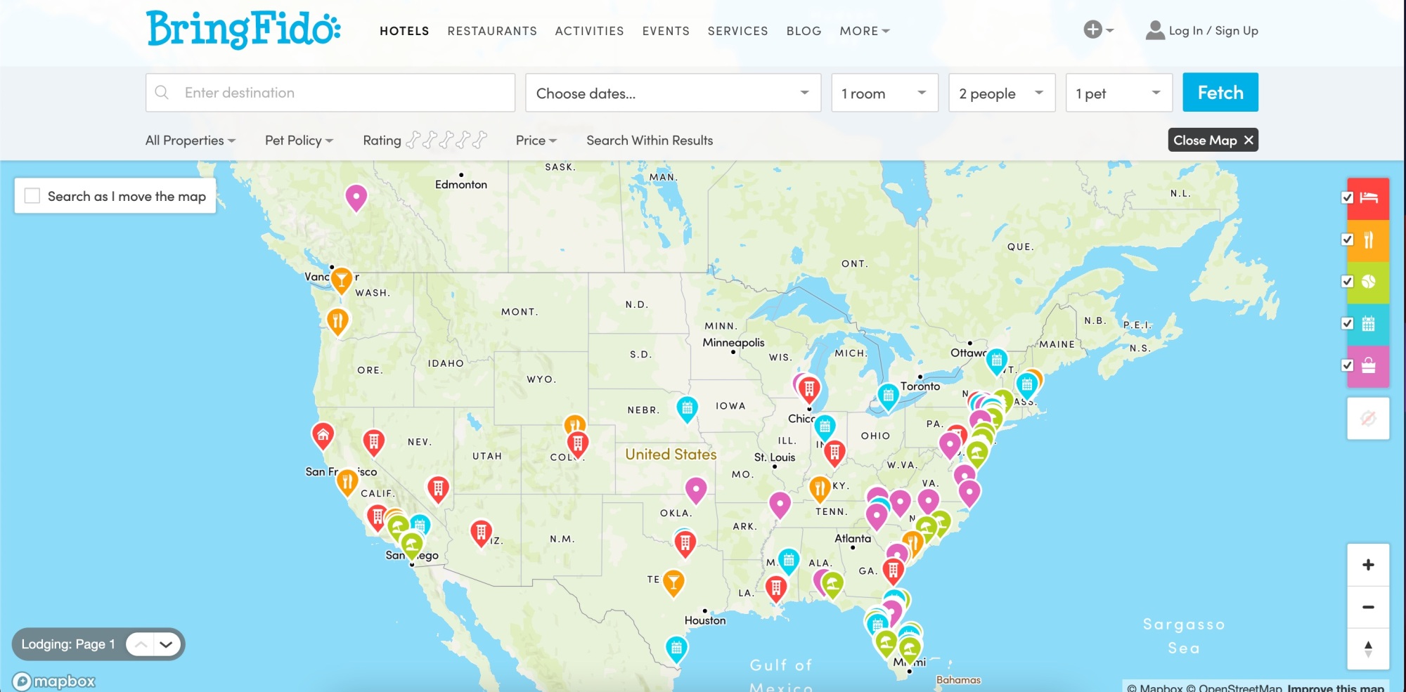 Capture d'écran d'une carte des États-Unis montrant les lieux acceptant les chiens