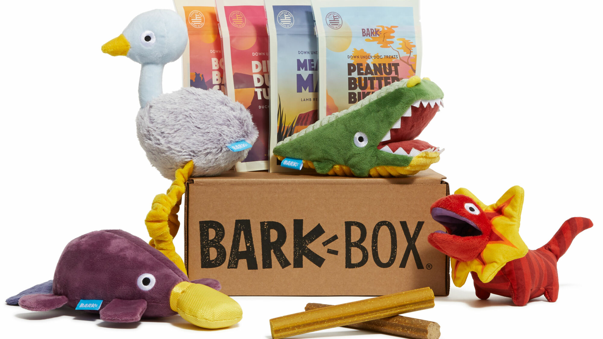 Image de jouets en peluche et de friandises de Bark Box